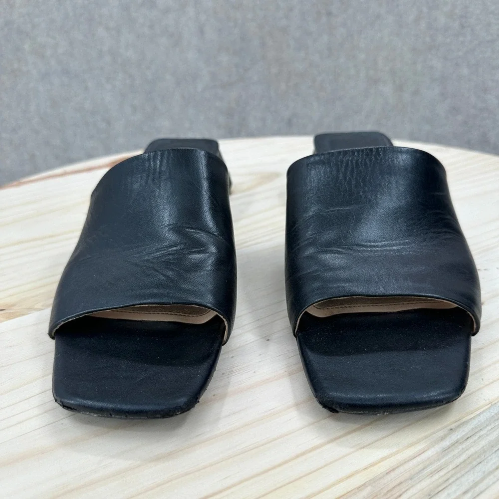 Y2K Sandals Womens 10M Black Leather Square Toe Low Block Heel Mules